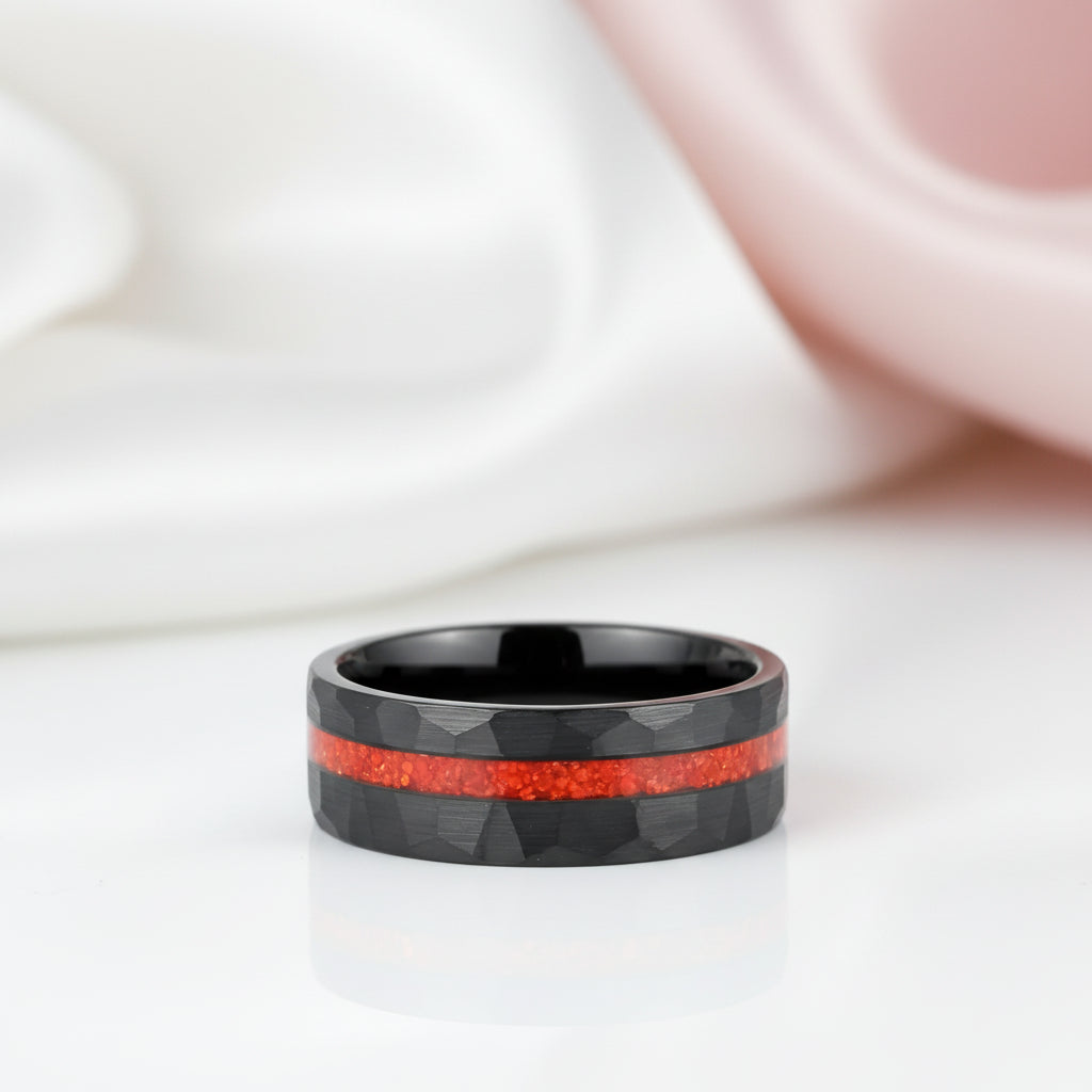 Brushed Matte Black Hammered Red Opal Inlay Tungsten Men's Ring-Black Diamonds New York