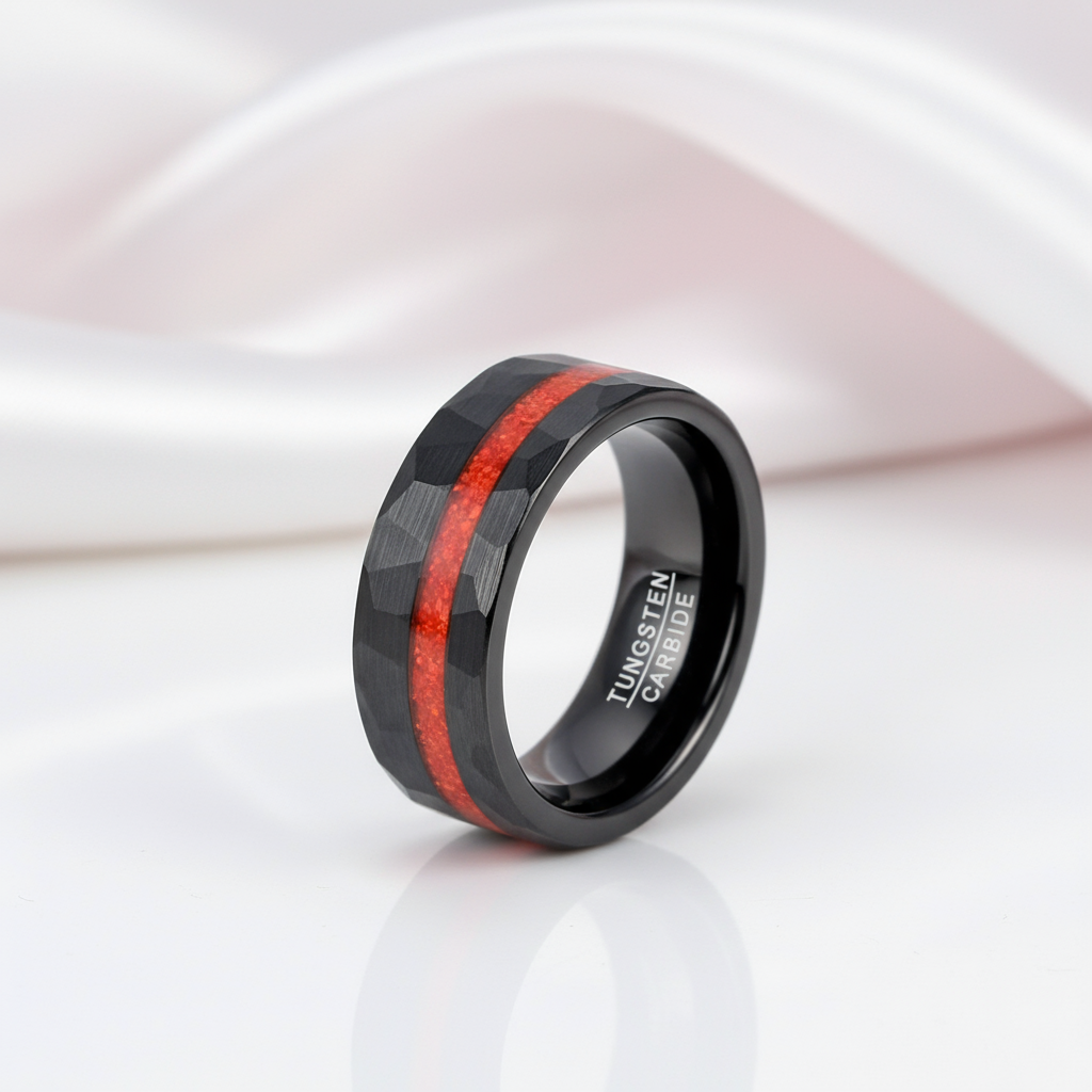 Brushed Matte Black Hammered Red Opal Inlay Tungsten Men's Ring-Black Diamonds New York