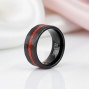 Brushed Matte Black Hammered Red Opal Inlay Tungsten Men's Ring-Black Diamonds New York