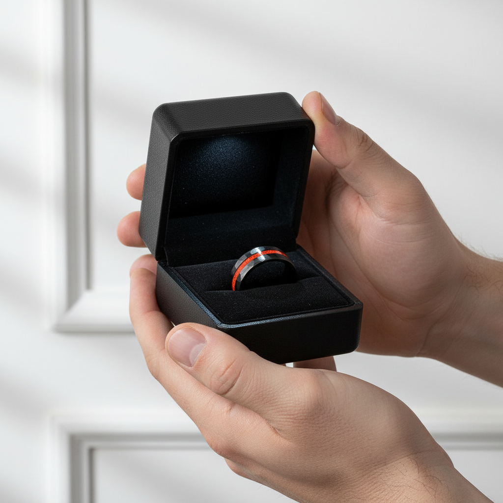 Brushed Matte Black Hammered Red Opal Inlay Tungsten Men's Ring-Black Diamonds New York