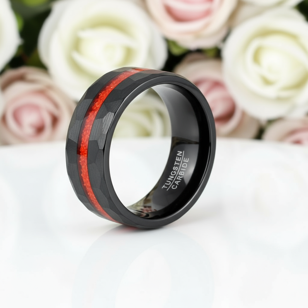 Brushed Matte Black Hammered Red Opal Inlay Tungsten Men's Ring-Black Diamonds New York