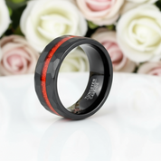 Brushed Matte Black Hammered Red Opal Inlay Tungsten Men's Ring-Black Diamonds New York