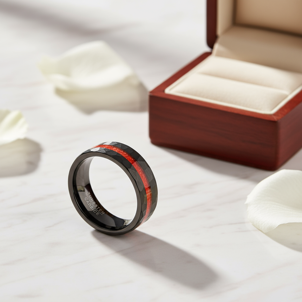 Brushed Matte Black Hammered Red Opal Inlay Tungsten Men's Ring-Black Diamonds New York