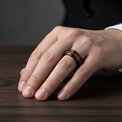 Brushed Matte Black Hammered Red Opal Inlay Tungsten Men's Ring-Black Diamonds New York