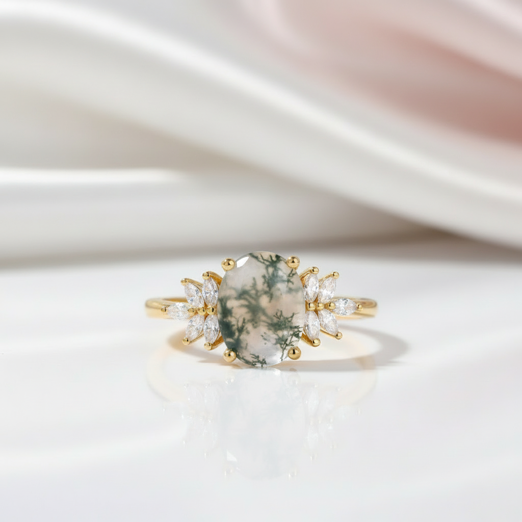 Vintage Green Moss Agate Art Deco Cluster Promise Ring Set-Black Diamonds New York