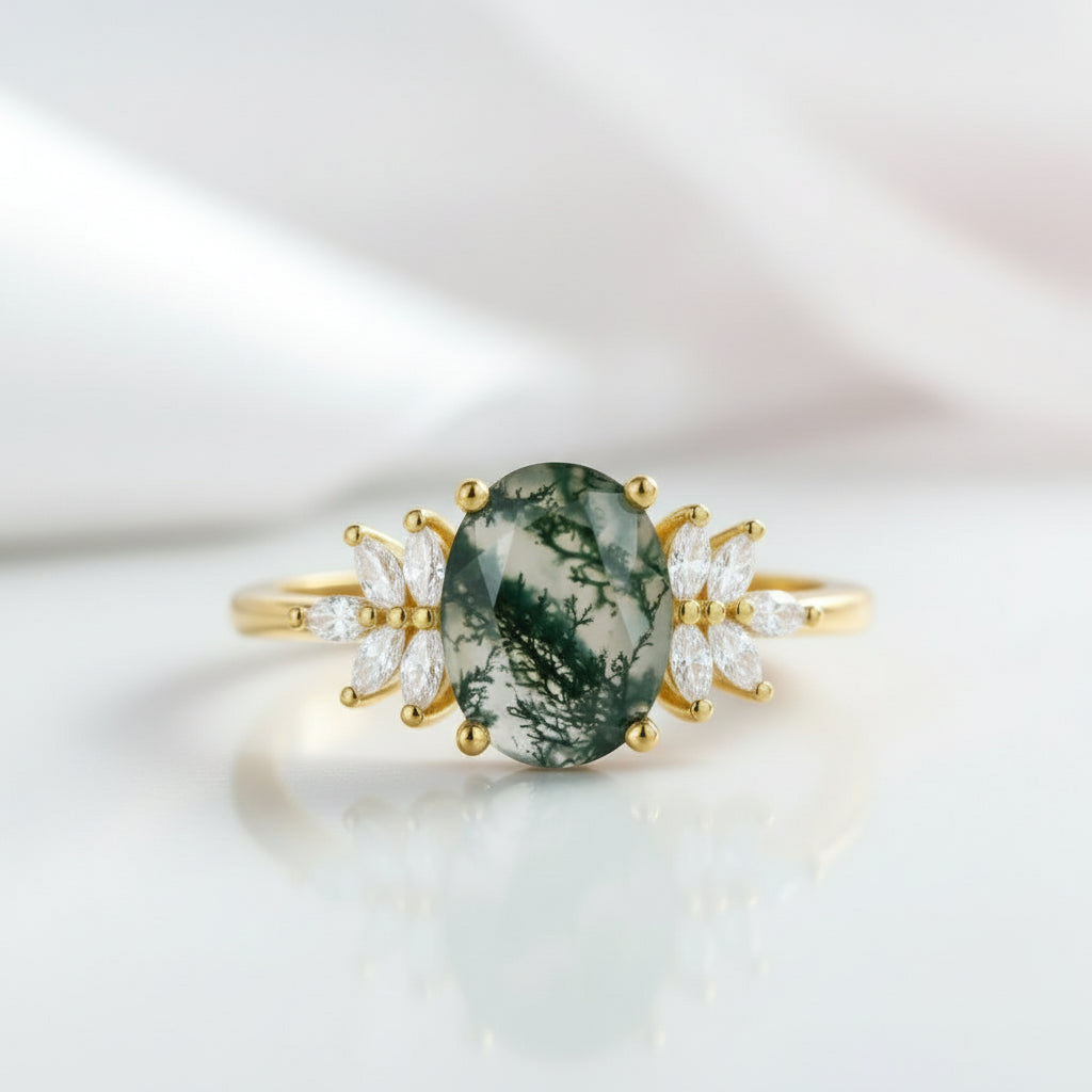 Vintage Green Moss Agate Art Deco Cluster Promise Ring Set-Black Diamonds New York