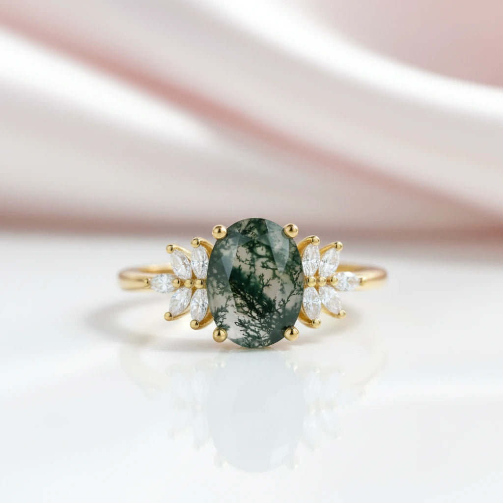 Vintage Green Moss Agate Art Deco Cluster Promise Ring Set-Black Diamonds New York