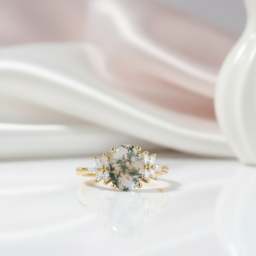 Vintage Green Moss Agate Art Deco Cluster Promise Ring Set-Black Diamonds New York