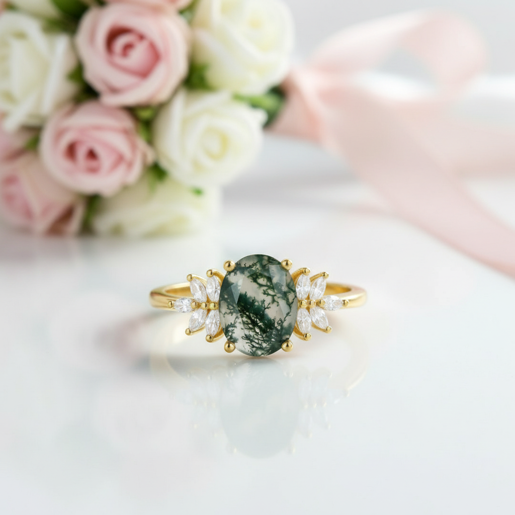 Vintage Green Moss Agate Art Deco Cluster Promise Ring Set-Black Diamonds New York