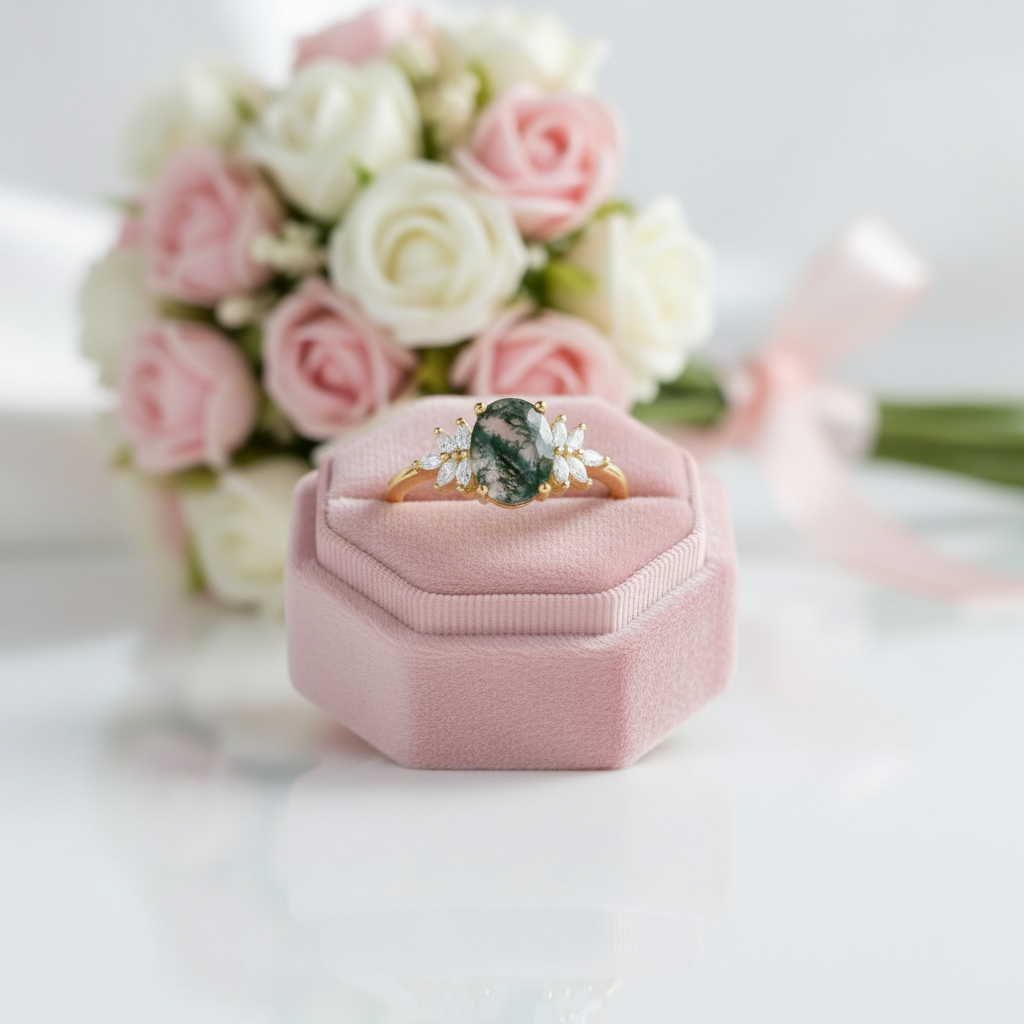 Vintage Green Moss Agate Art Deco Cluster Promise Ring Set-Black Diamonds New York