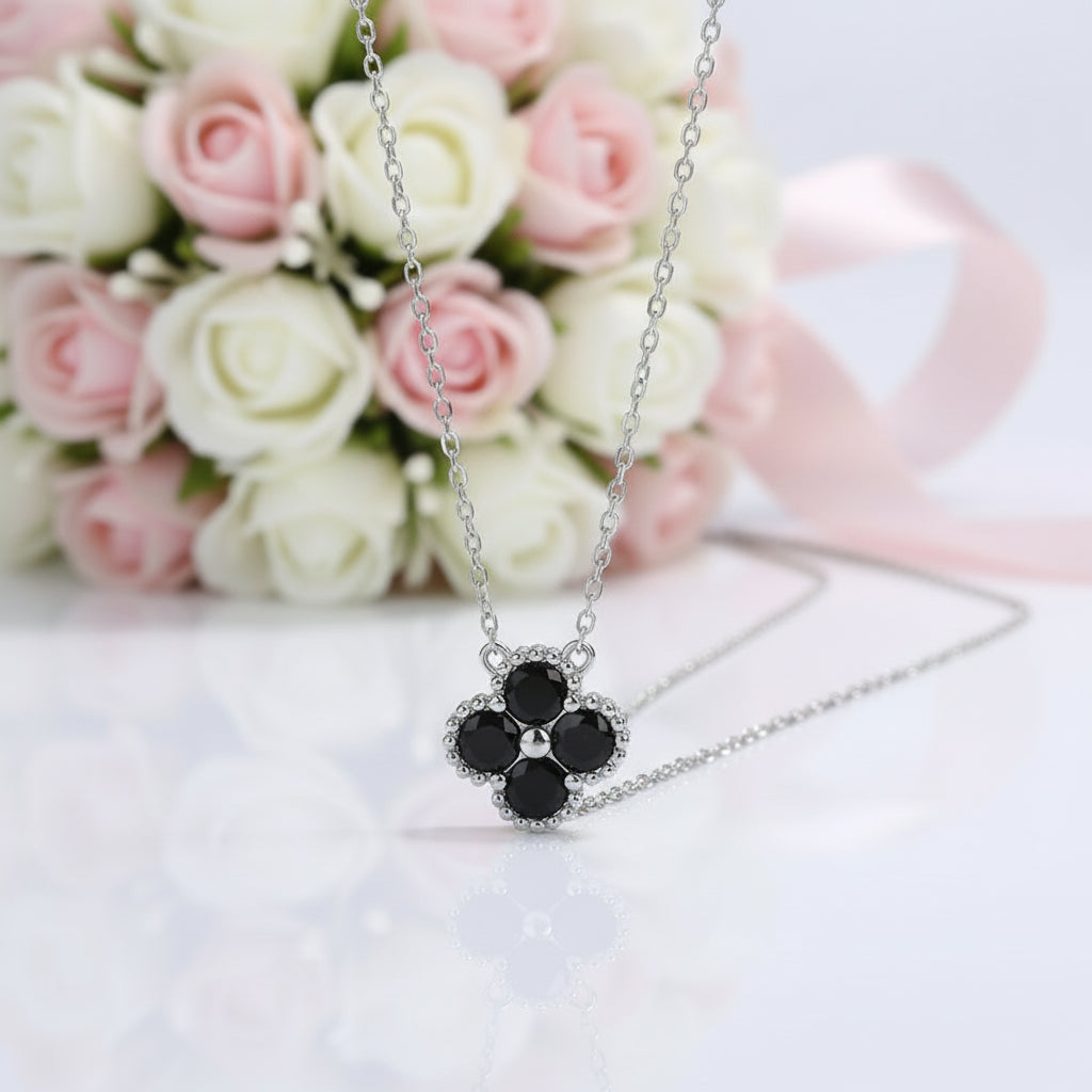 Platinum Overlay Four-Leaf Clover Certified Moissanite Necklaces-Black Diamonds New York