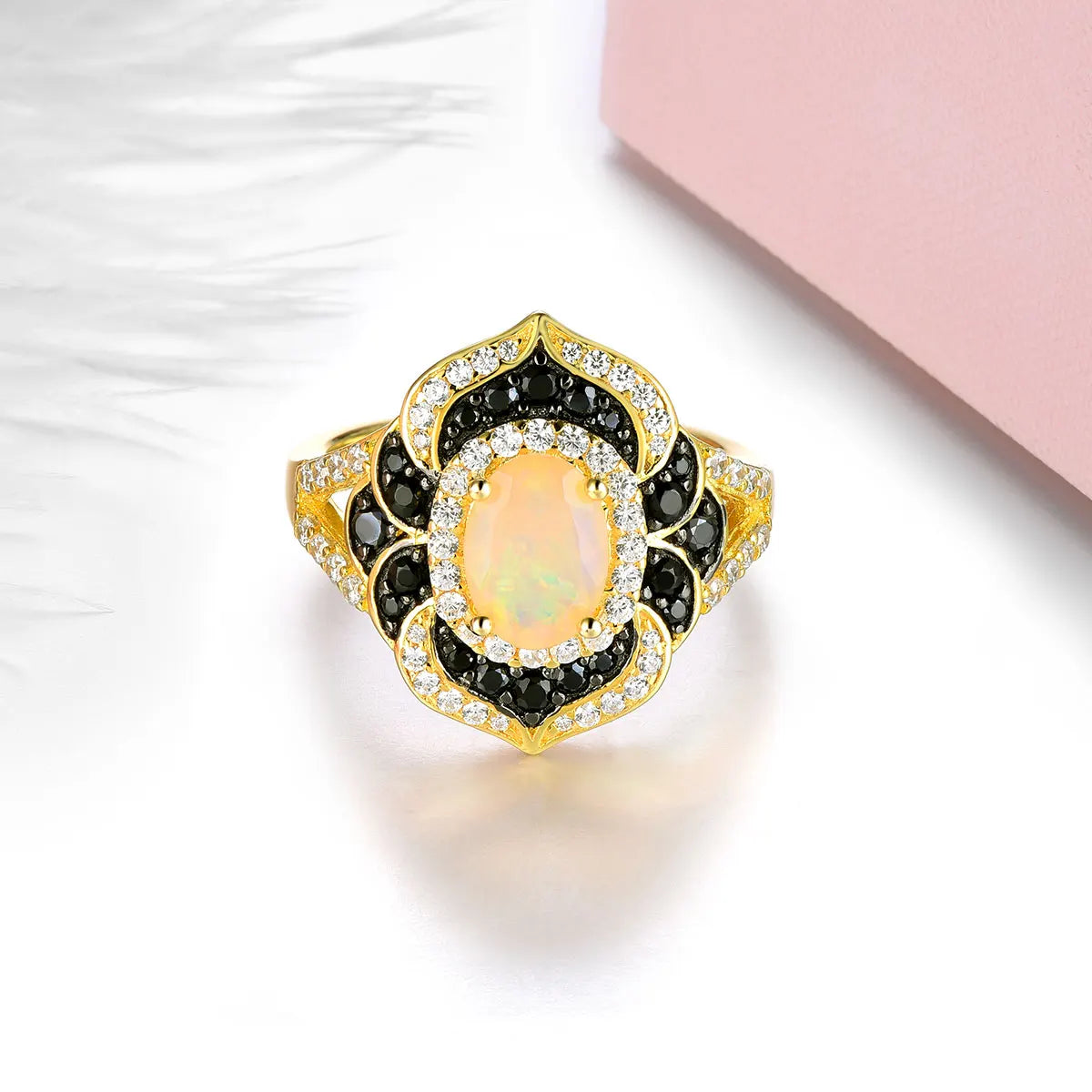 Oval Cut Opal Flower Engagement Ring-Black Diamonds New York