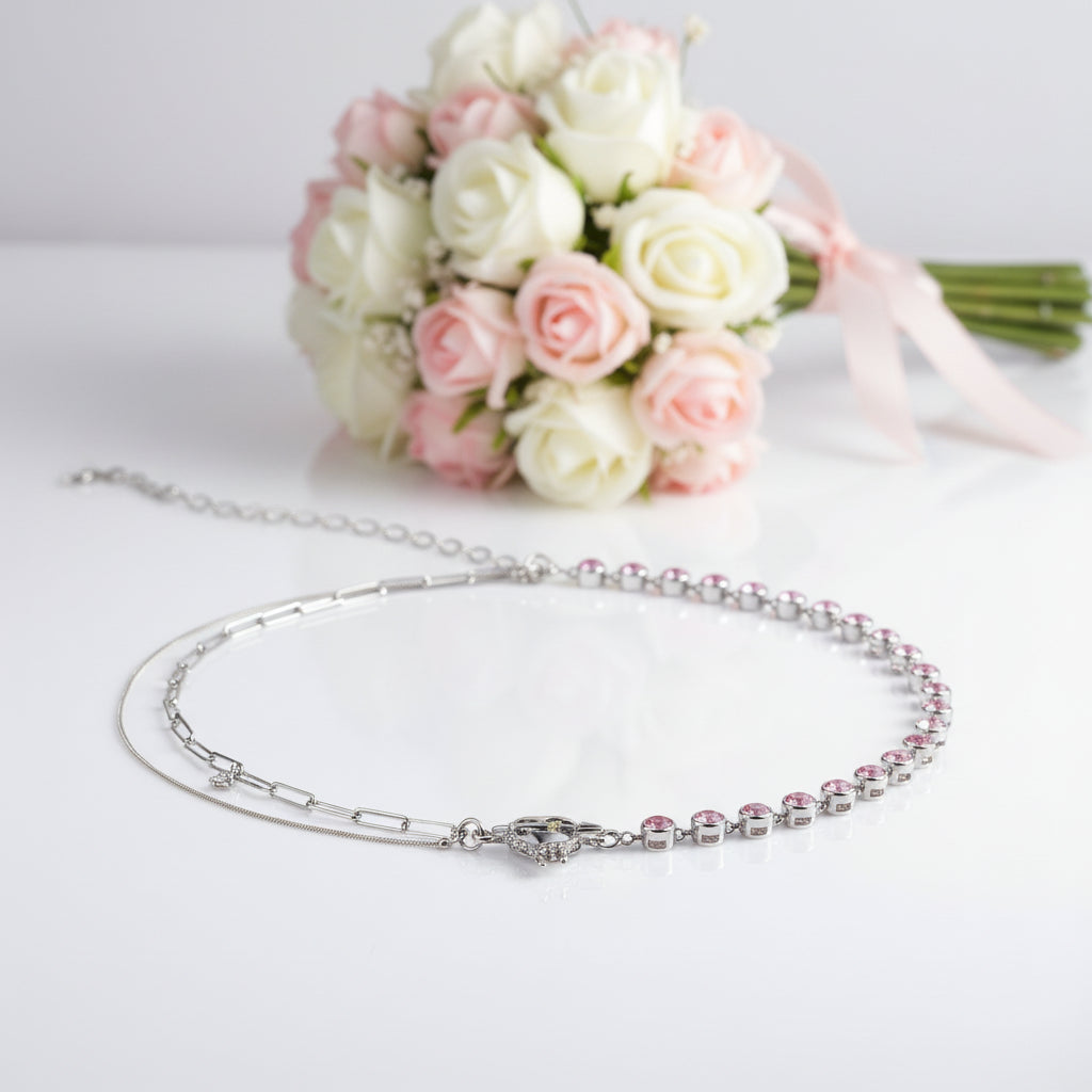 Pink Stone & Heart Shaped Molten Drop Necklace-Black Diamonds New York