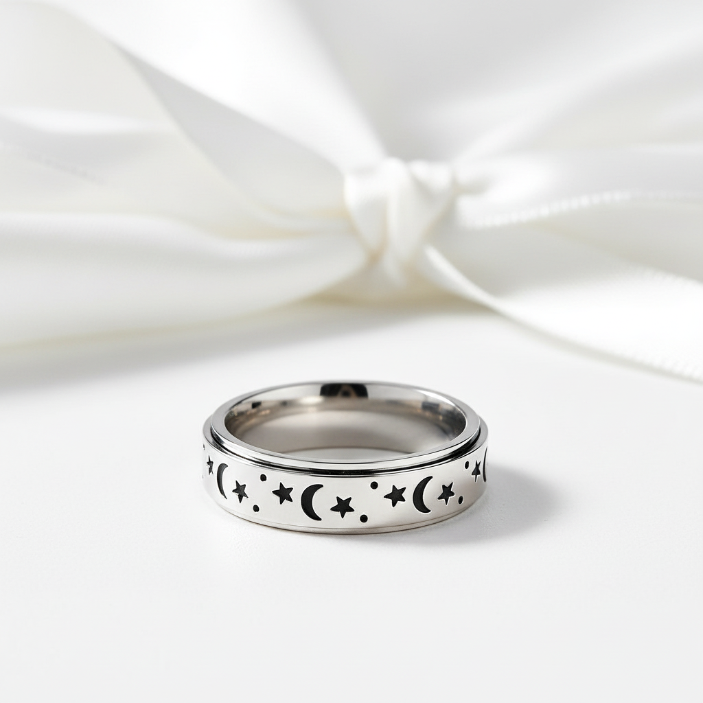 Star and Moon Titanium Steel Rotatable Luminous Ring-Black Diamonds New York