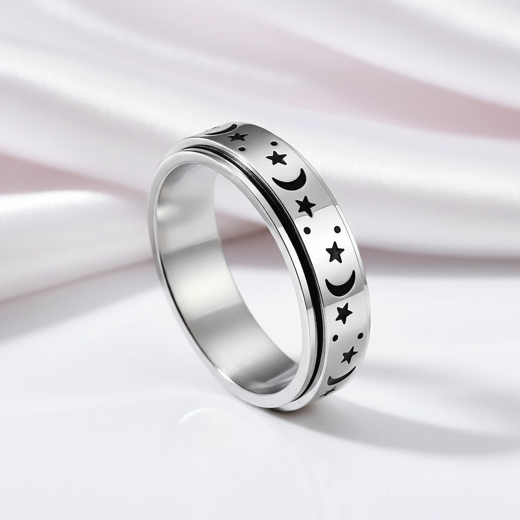 Star and Moon Titanium Steel Rotatable Luminous Ring-Black Diamonds New York