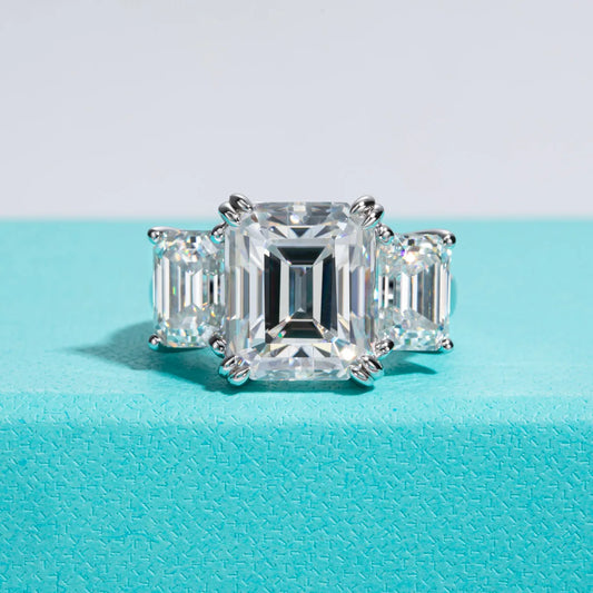Emerald Cut Moissanite 3 Stone Engagement Ring-Black Diamonds New York