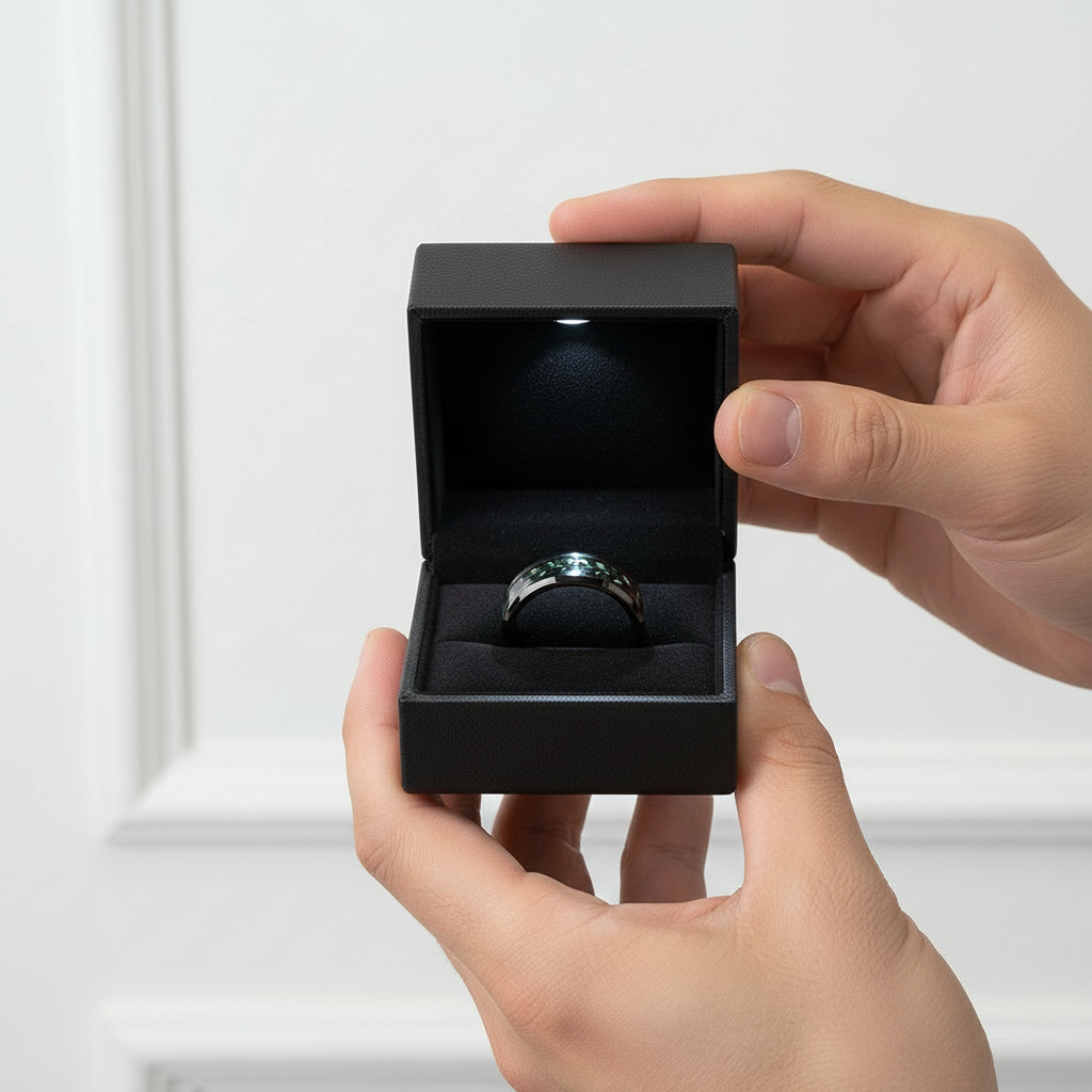 Black Leaves and Green Carbon Fiber Inlay Beveled Edge Tungsten Men's Ring-Black Diamonds New York