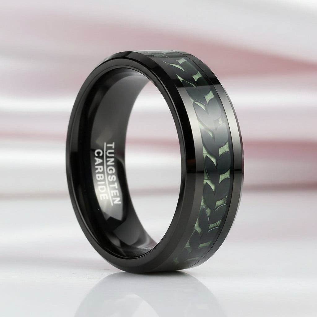 Black Leaves and Green Carbon Fiber Inlay Beveled Edge Tungsten Men's Ring-Black Diamonds New York