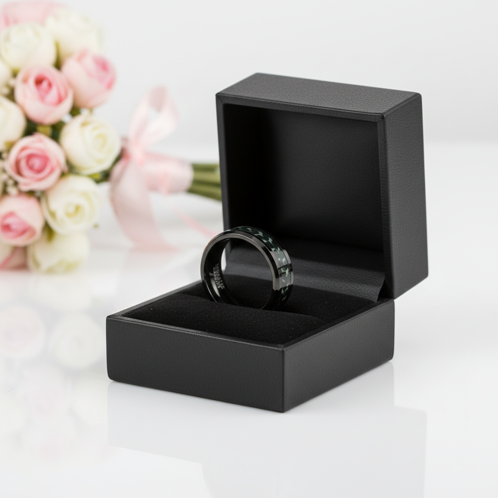 A black ring box with its lid open, displaying a black band ring with small clear stones, set against a white background with blurred pink and white roses.