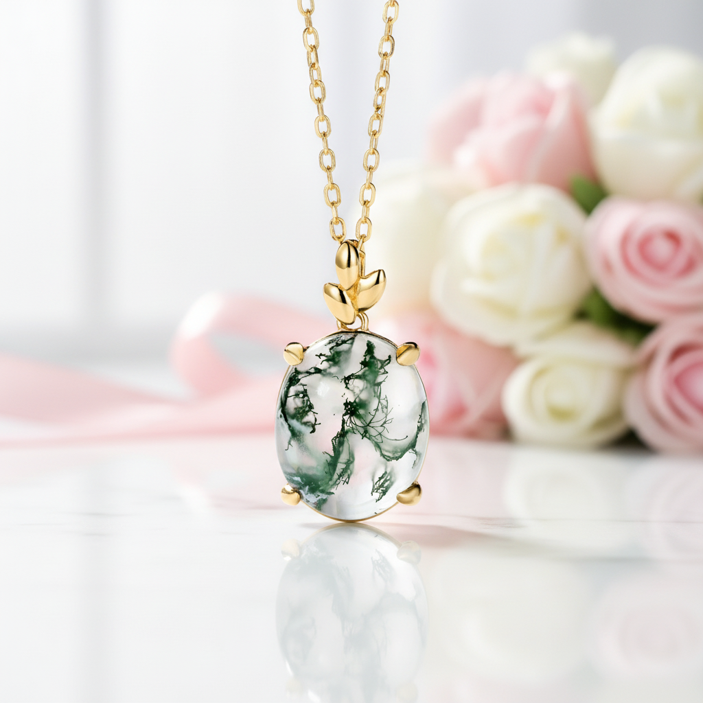 Oval Cut Green Moss Agate Pendant Necklace-Black Diamonds New York