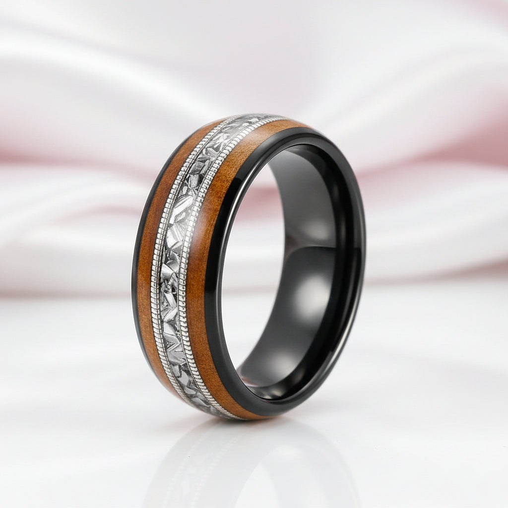 Whiskey Barrel Wood and Guitar Strings Inlay Tungsten Carbide Ring-Black Diamonds New York