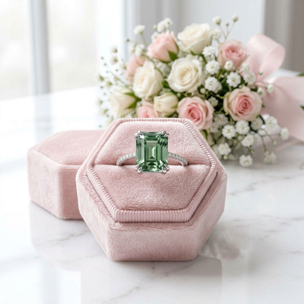 A silver ring with a large emerald-cut green gemstone displayed on a pink velvet ring box, with a pink and white rose bouquet in the background on a marble surface.