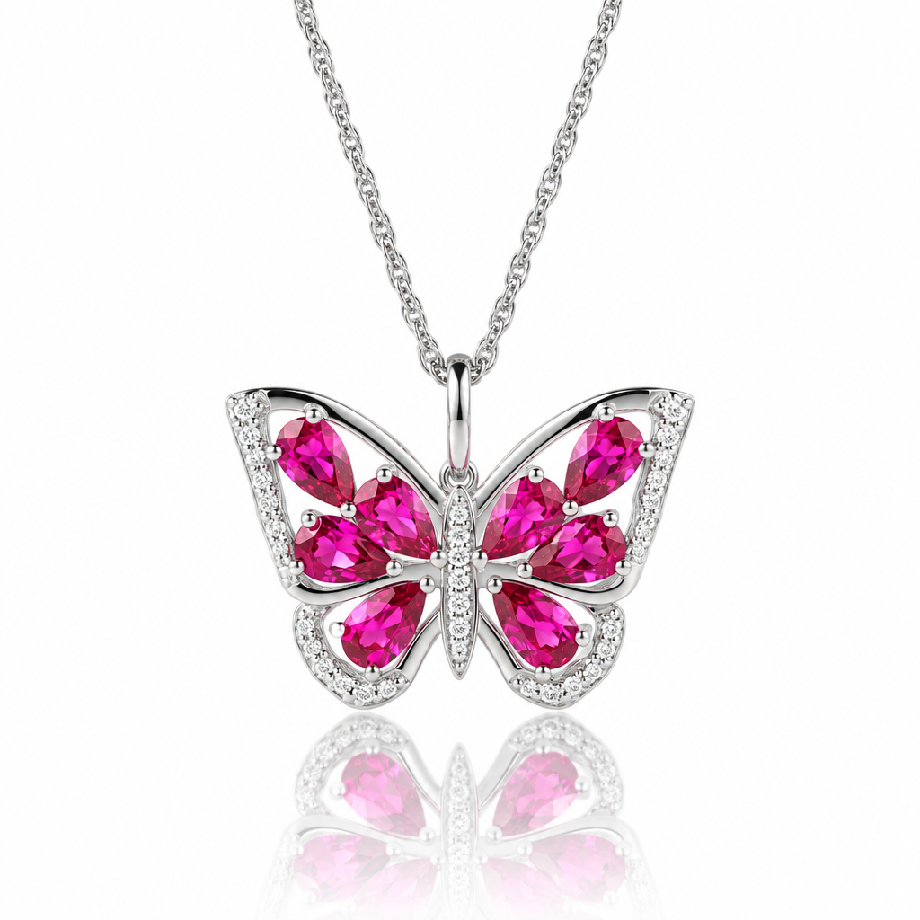 1.9 Ct Pear-cut Ruby Gemstone Butterfly Pendant Necklace-Black Diamonds New York