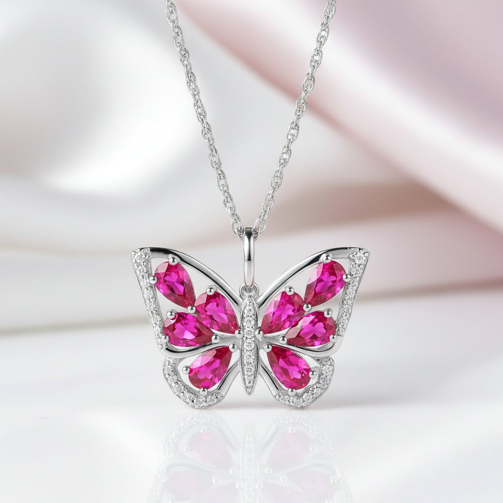 1.9 Ct Pear-cut Blue Topaz Gemstone Butterfly Pendant Necklace-Black Diamonds New York