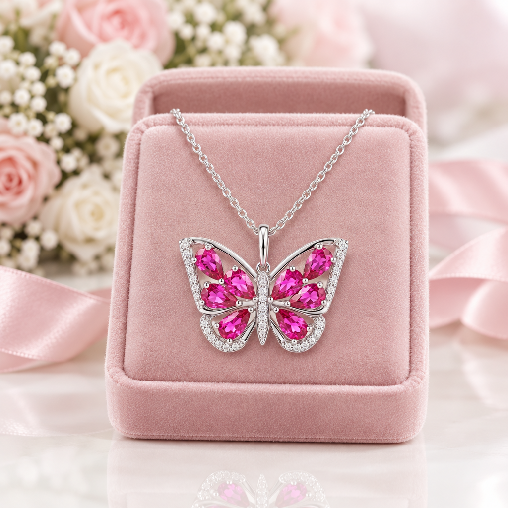 1.9 Ct Pear-cut Ruby Gemstone Butterfly Pendant Necklace-Black Diamonds New York