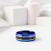 Blue Beveled Edge Tungsten Men's Ring with Red Carbon Fiber Inlay-Black Diamonds New York