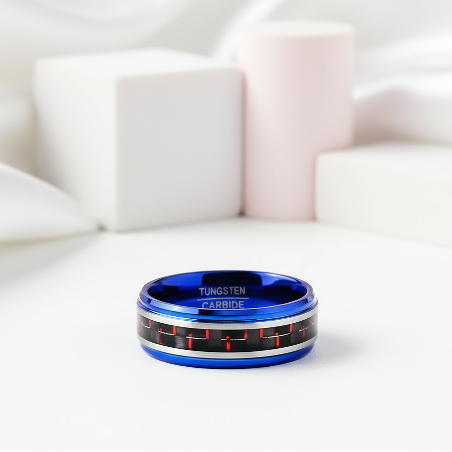 Blue Beveled Edge Tungsten Men's Ring with Red Carbon Fiber Inlay-Black Diamonds New York