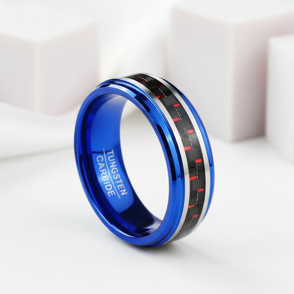 Blue Beveled Edge Tungsten Men's Ring with Red Carbon Fiber Inlay-Black Diamonds New York