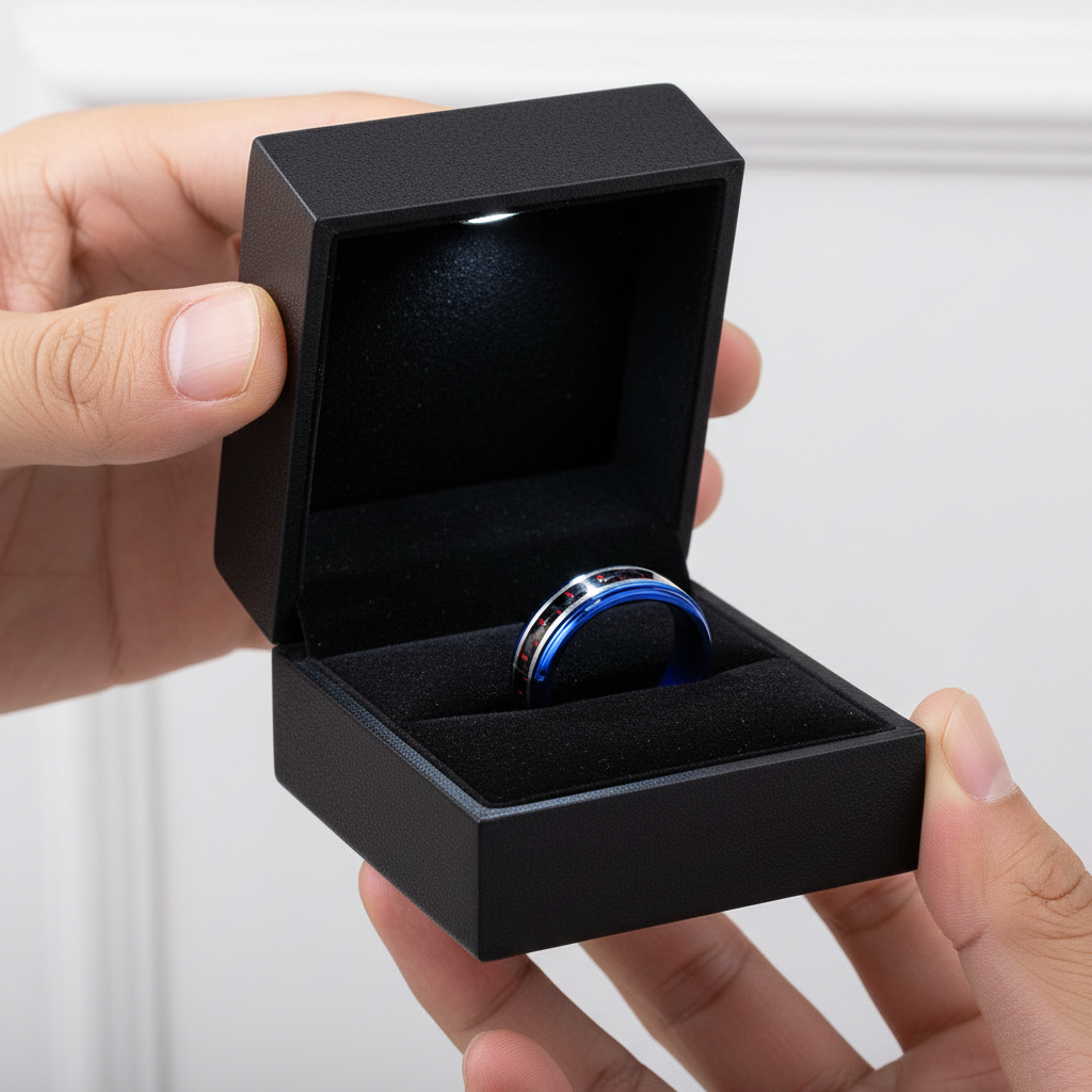 Blue Beveled Edge Tungsten Men's Ring with Red Carbon Fiber Inlay-Black Diamonds New York