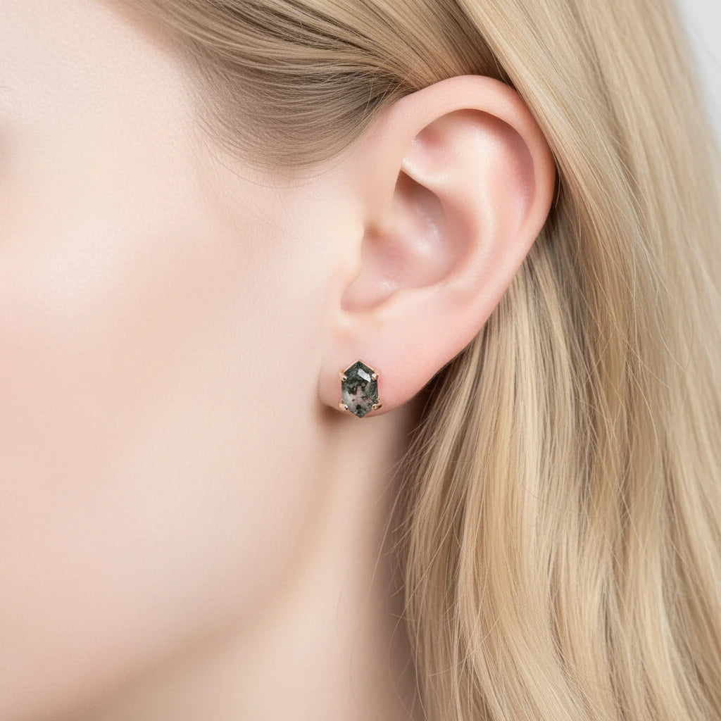 Geometry Cut Moss Agate Stud Earrings-Black Diamonds New York