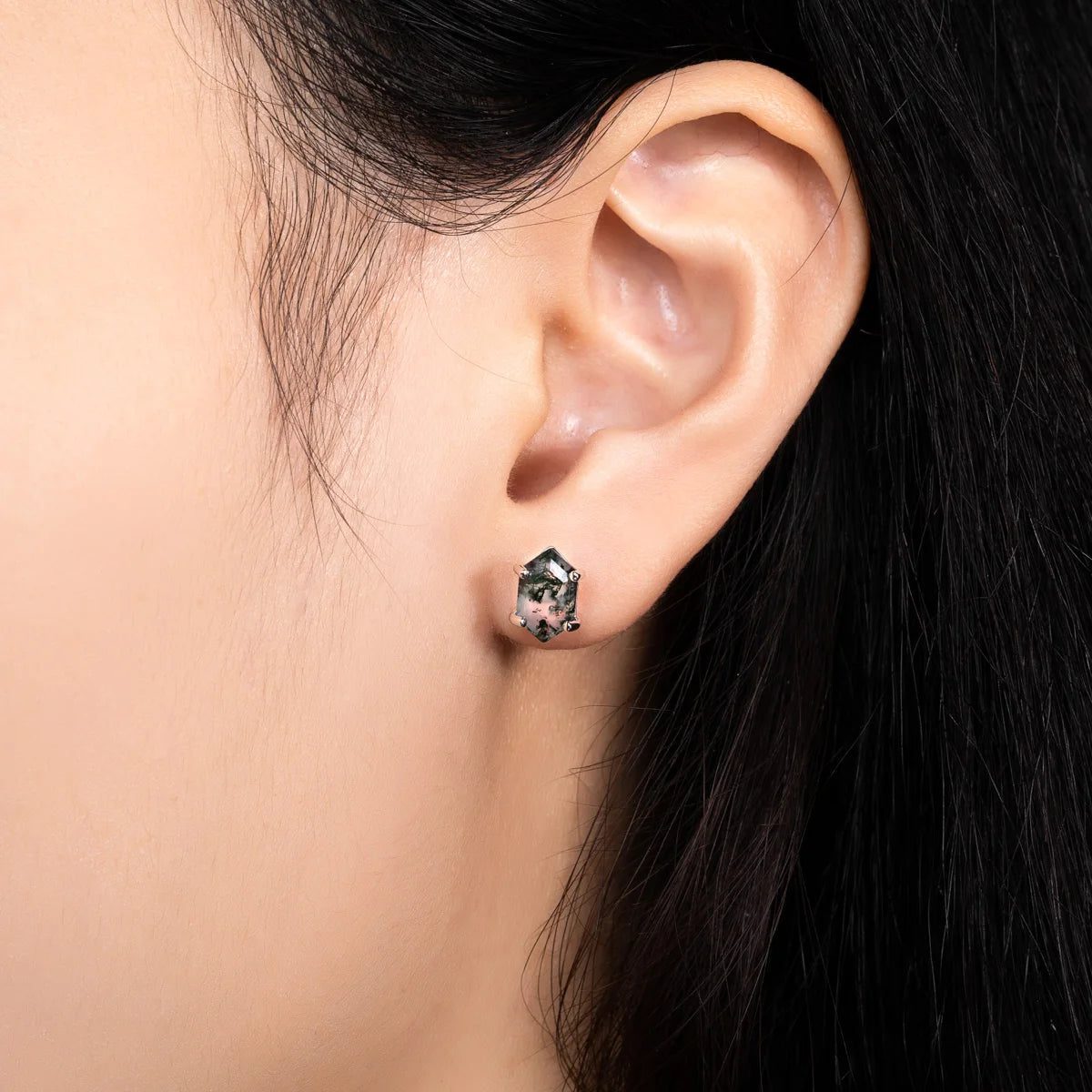 Geometry Cut Moss Agate Stud Earrings-Black Diamonds New York
