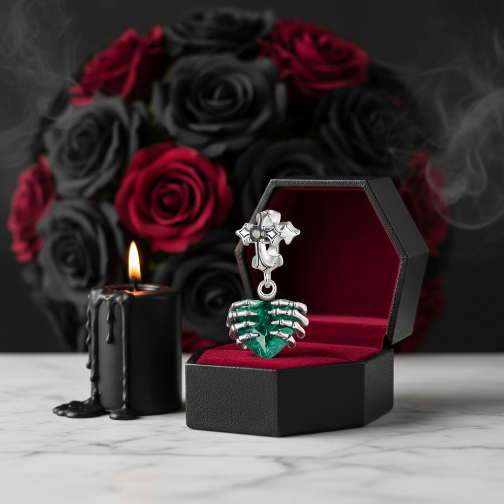 Cross and Skeleton Green Stone Gothic Charm-Black Diamonds New York