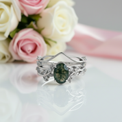 Oval-cut Moss Agate Leaf Design Ring Set-Black Diamonds New York