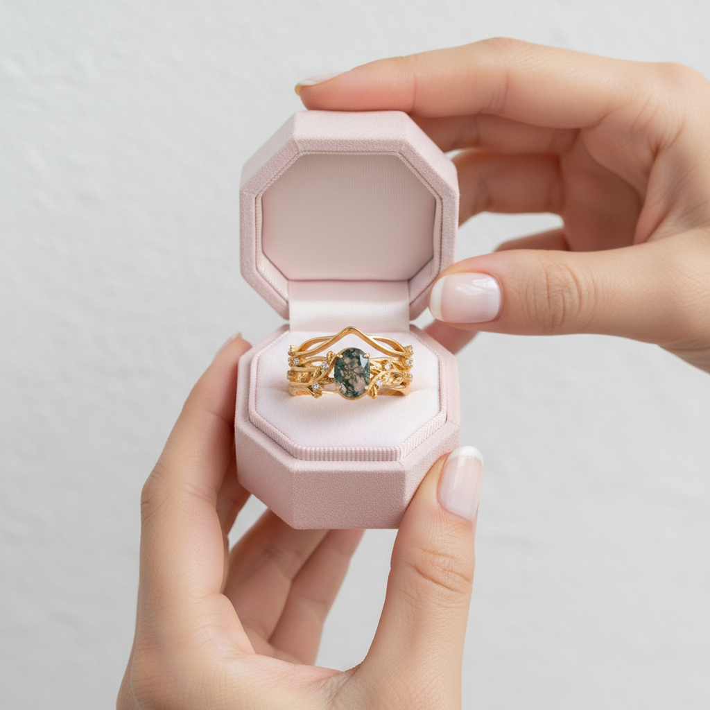 Oval-cut Moss Agate Leaf Design Ring Set-Black Diamonds New York