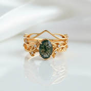Oval-cut Moss Agate Leaf Design Ring Set-Black Diamonds New York