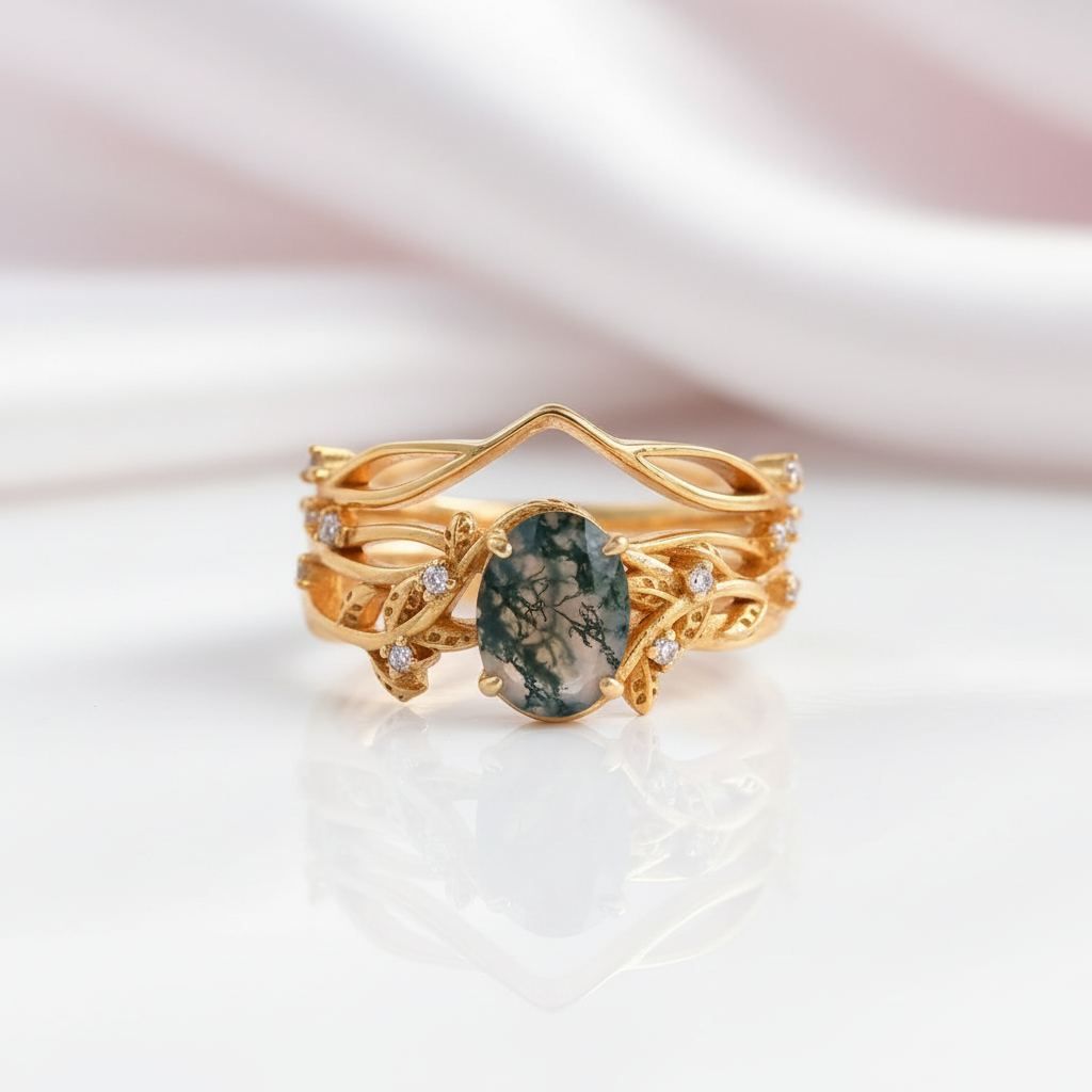 Oval-cut Moss Agate Leaf Design Ring Set-Black Diamonds New York
