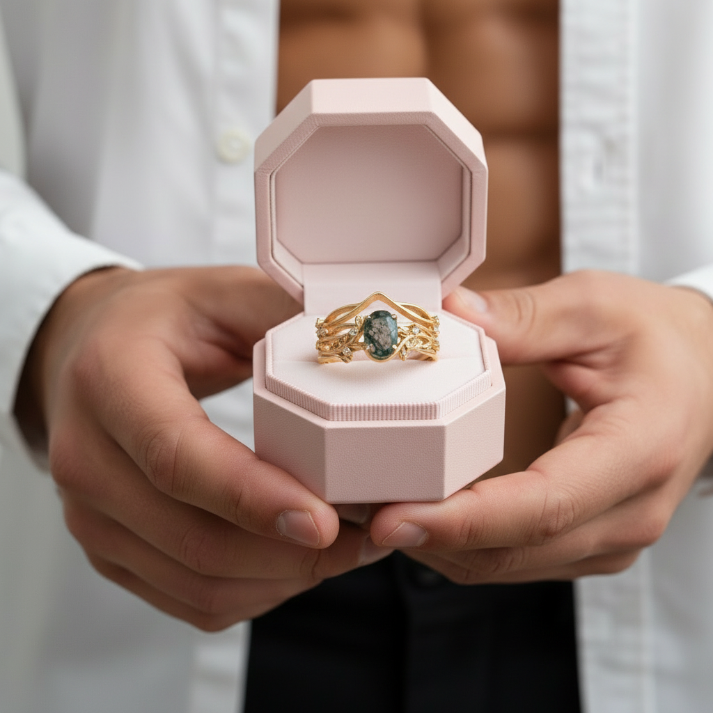 Oval-cut Moss Agate Leaf Design Ring Set-Black Diamonds New York