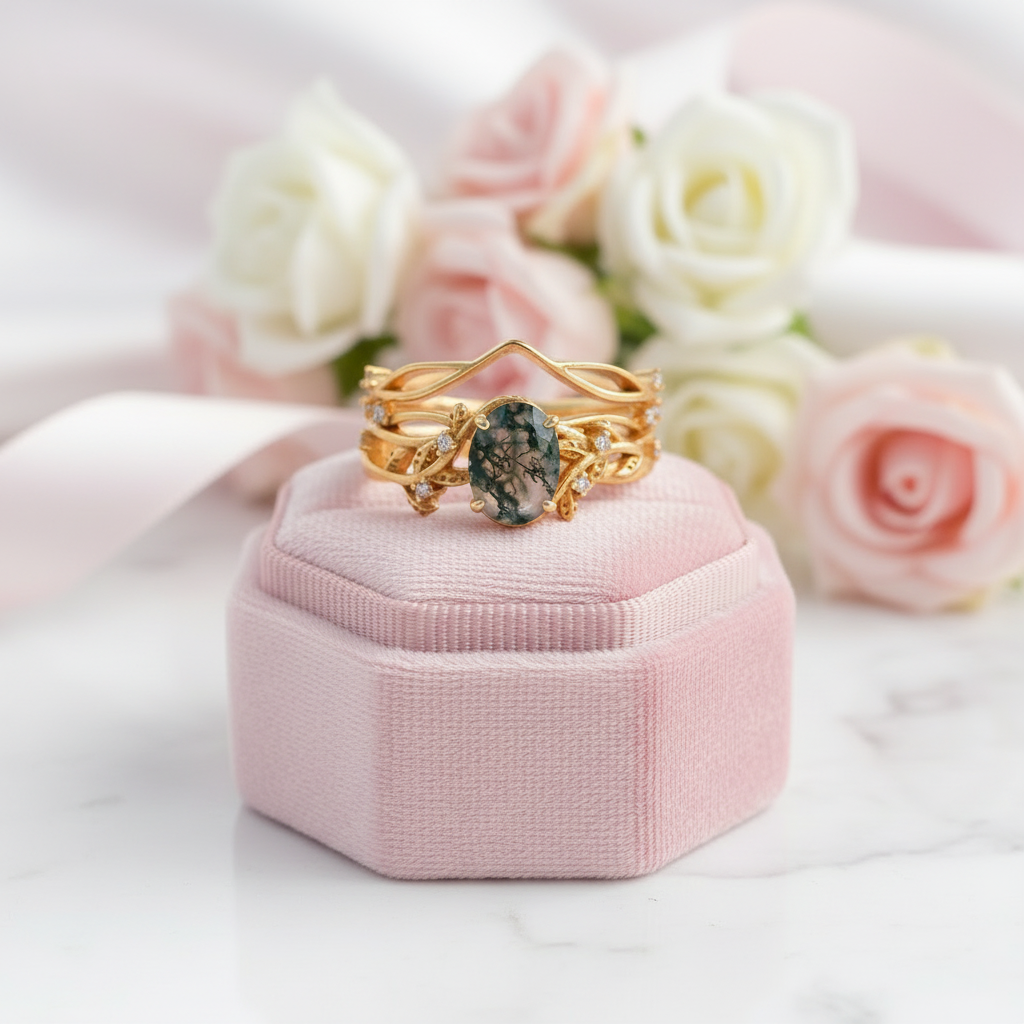 Oval-cut Moss Agate Leaf Design Ring Set-Black Diamonds New York