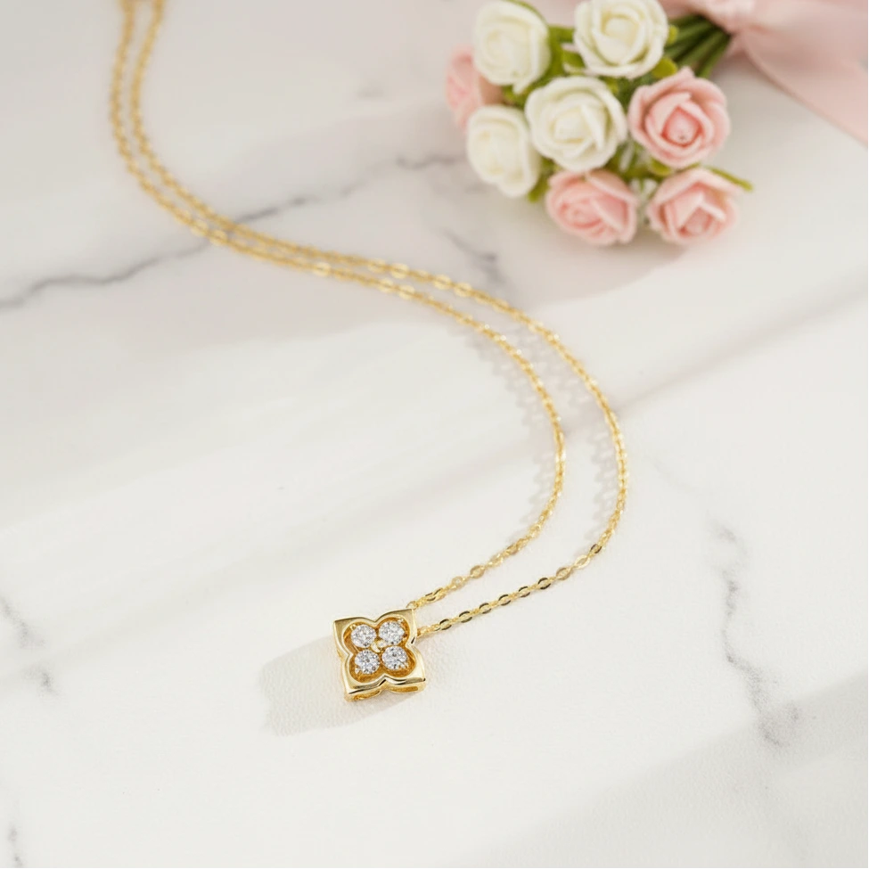 Four Leaf Clover Moissanite Necklaces 18k Gold Overlay-Black Diamonds New York