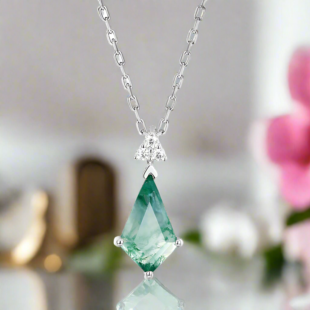 Kite Shape Moss Agate Pendant Necklace-Black Diamonds New York