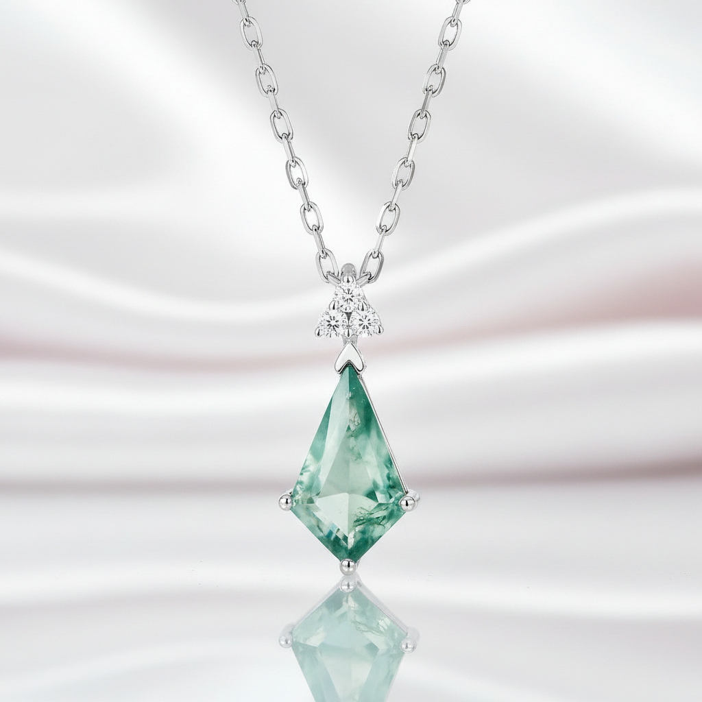 Kite Shape Moss Agate Pendant Necklace-Black Diamonds New York