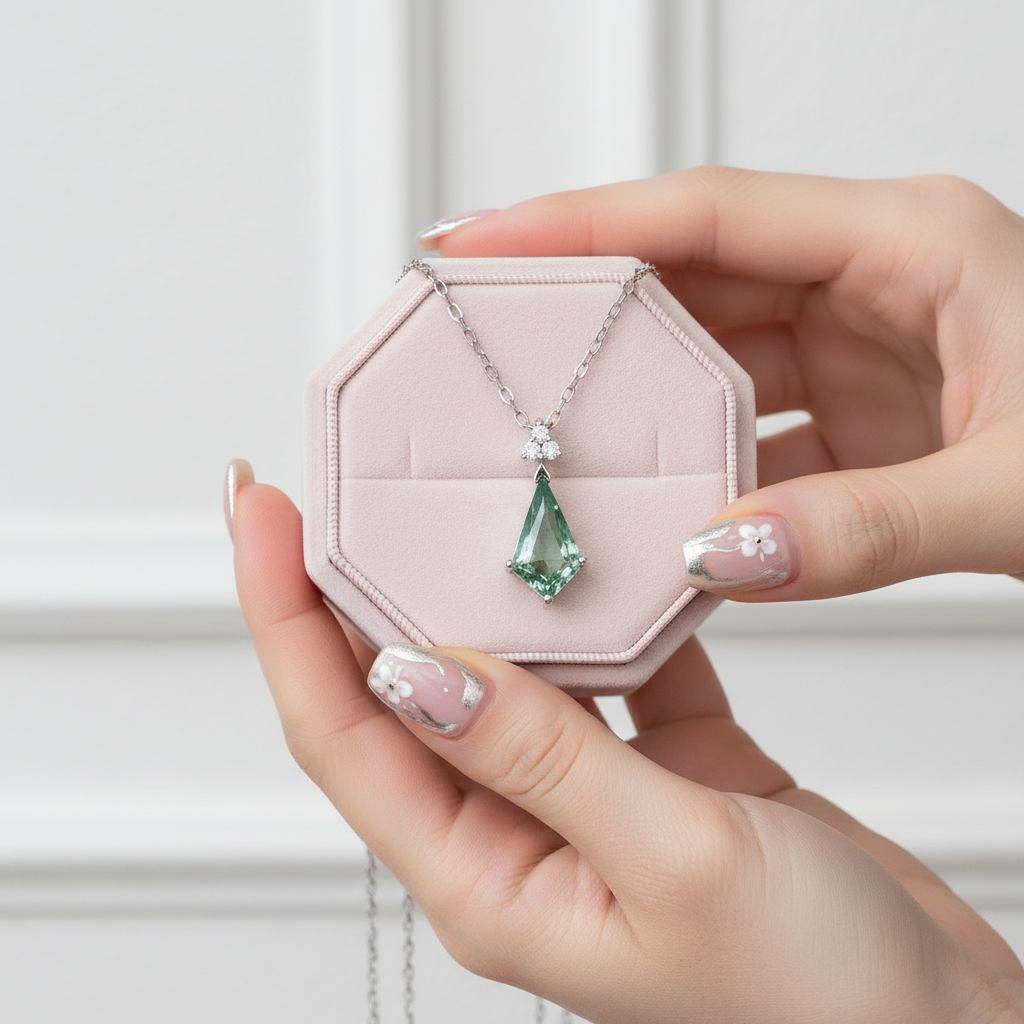 Kite Shape Moss Agate Pendant Necklace-Black Diamonds New York