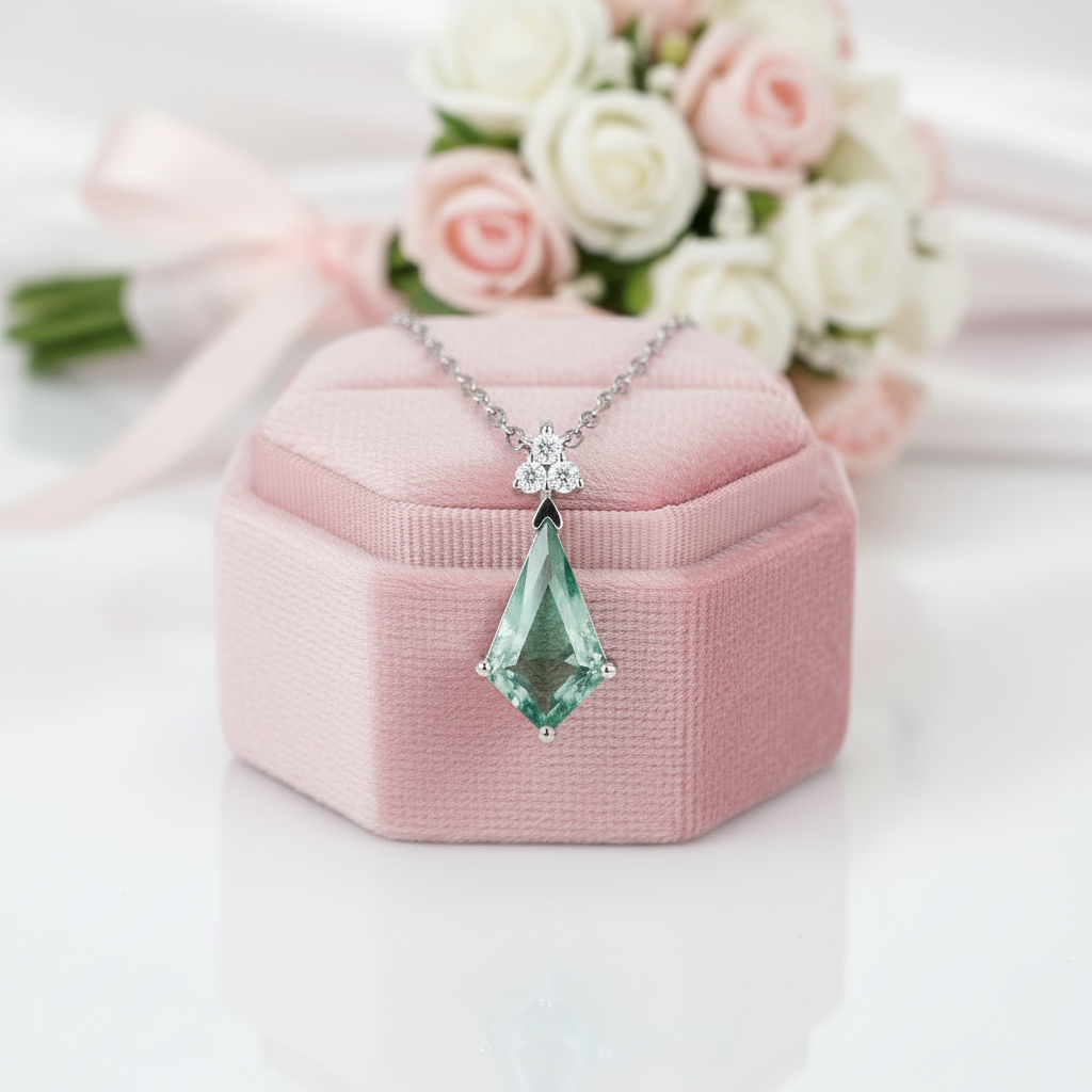 Kite Shape Moss Agate Pendant Necklace-Black Diamonds New York