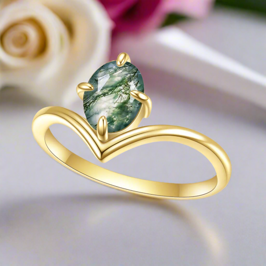 Oval Cut Moss Agate Chevron Cluster Engagement Ring Set-Black Diamonds New York