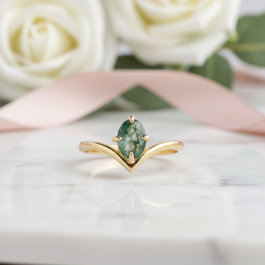Oval Cut Moss Agate Chevron Cluster Engagement Ring Set-Black Diamonds New York