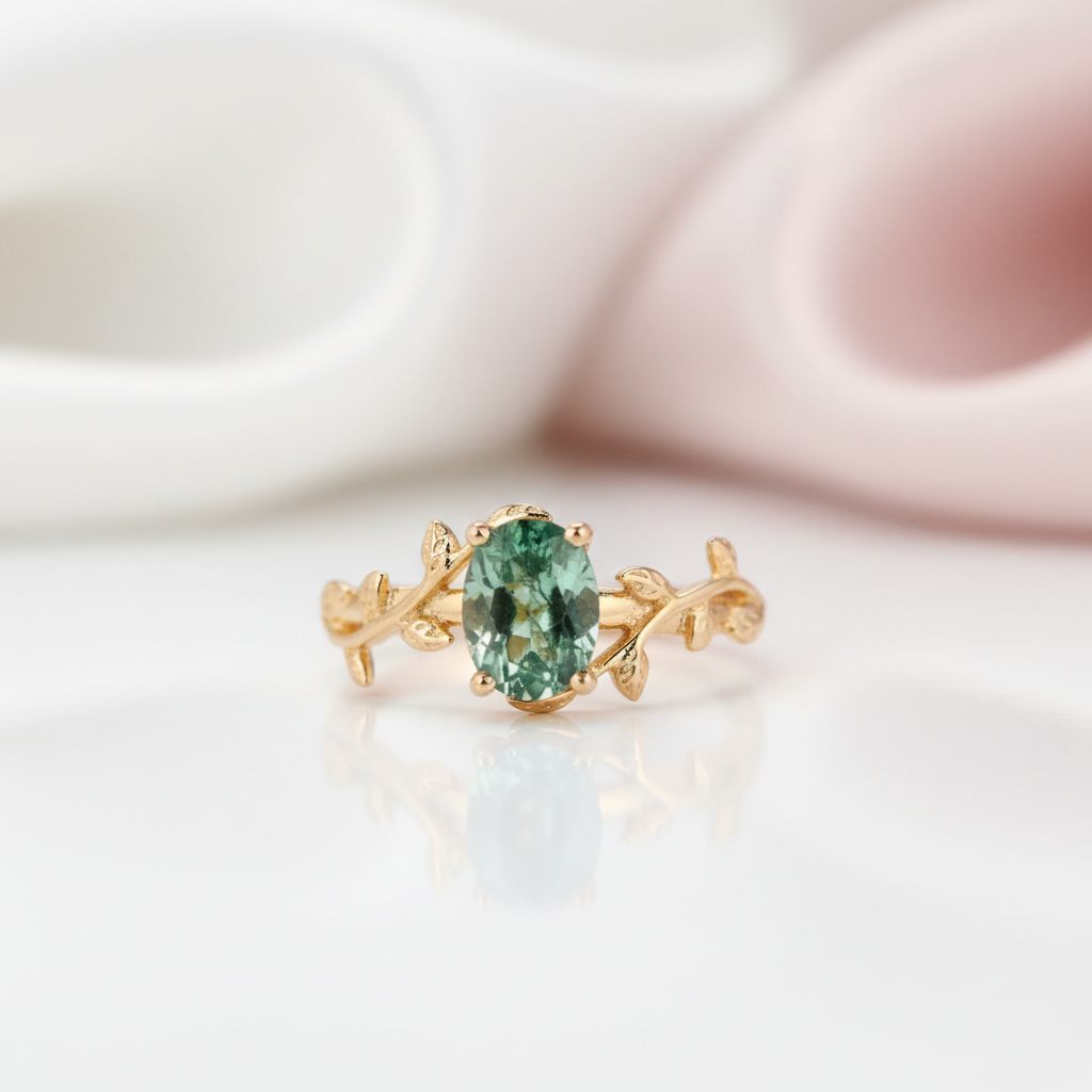Leaf Branch Oval Moss Agate Cocktail Ring-Black Diamonds New York
